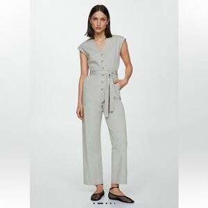 $99 Mango 100% COTTON JUMPSUIT vneck sleeveless w/ belt light heather grey Small